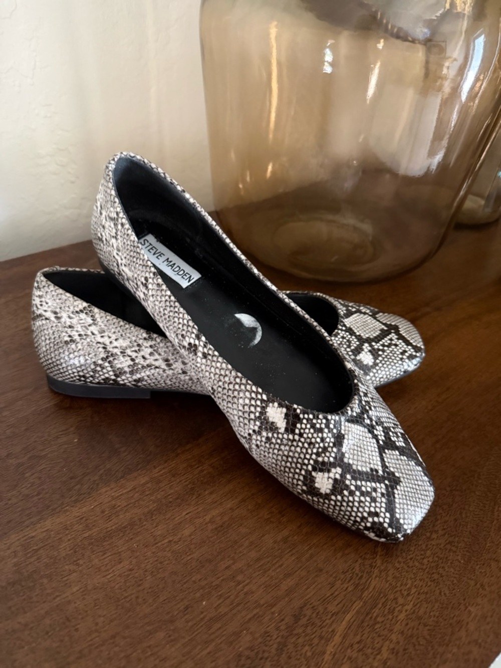 Steve Madden Snake-Print Square-Toe Ballet Flats in Black & White